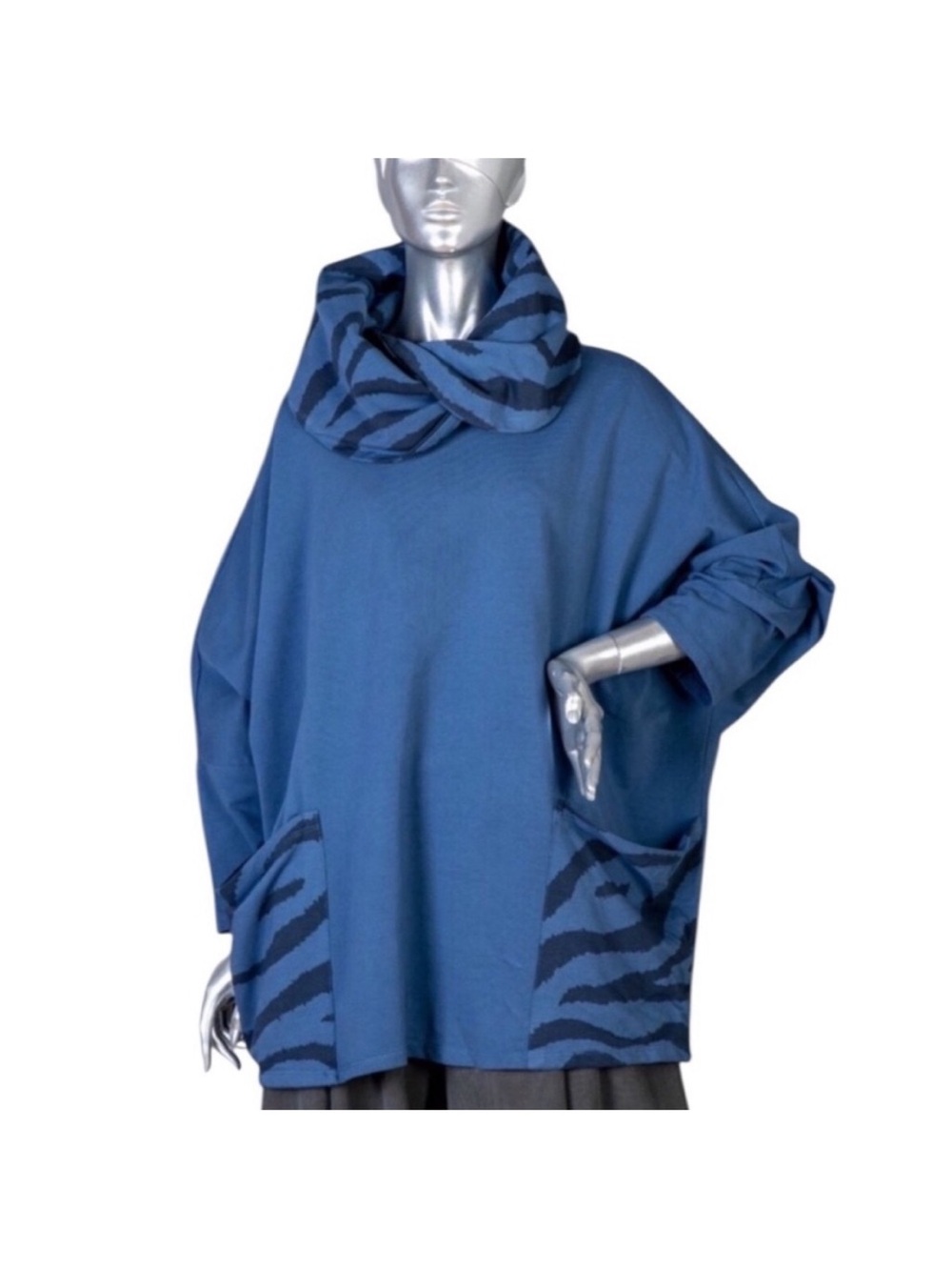 Casual Blue Midi Dress with Zebra-Trim Cowl Neck